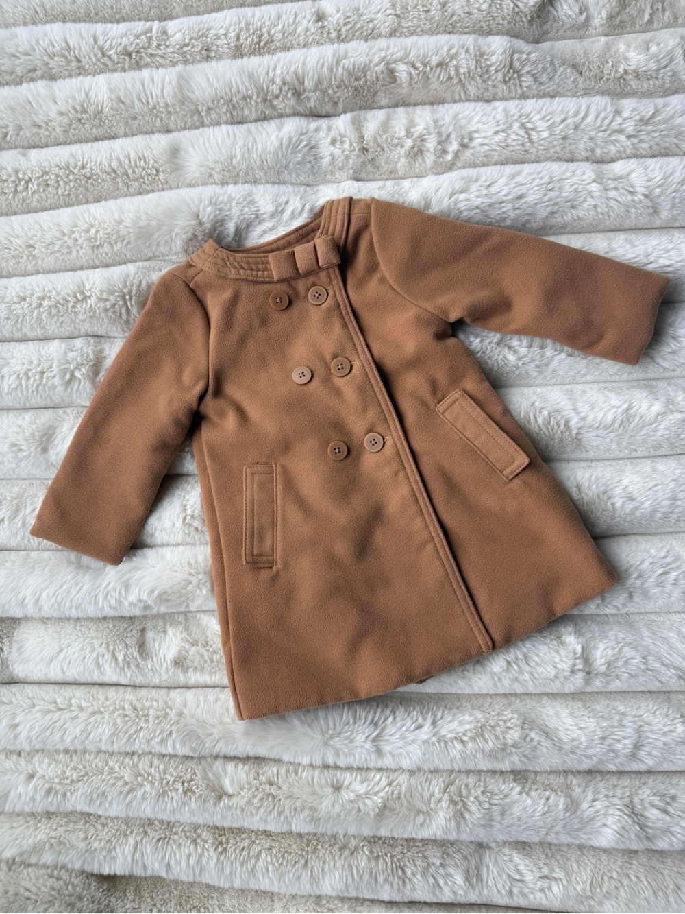 Baby Camel Double-Breasted Pea Coat with Bow